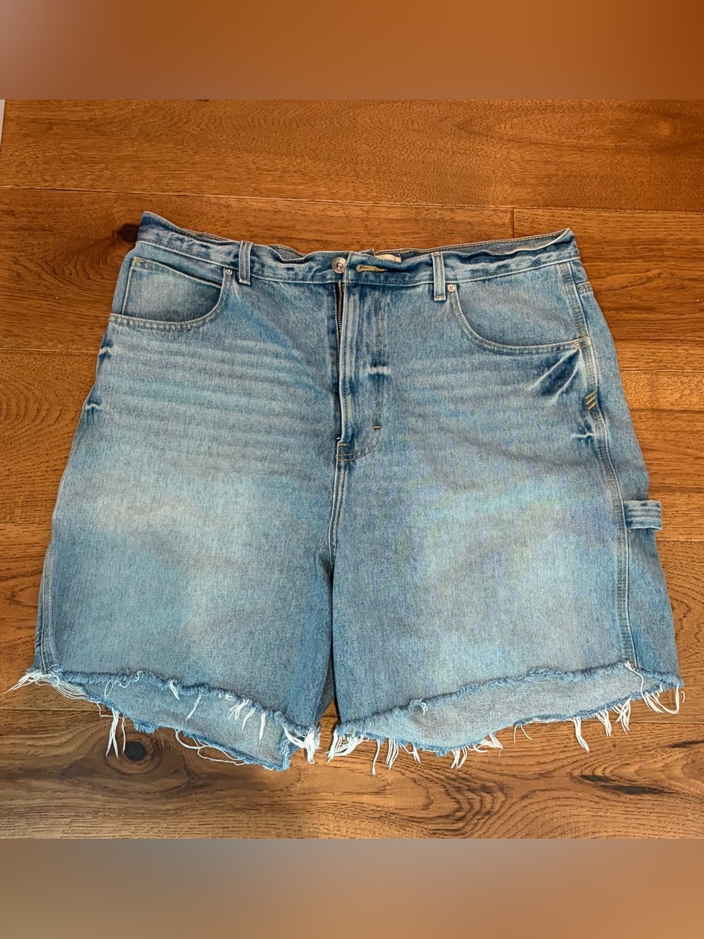 BDG Light Blue Distressed Denim Carpenter Hort Bermuda Long Cut-off Shorts